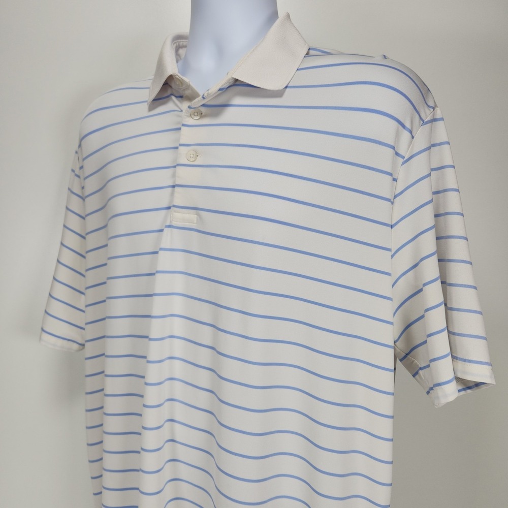 RLX Ralph Lauren Polo Shirt L White Blue Striped Stretch Performance Golf Preppy